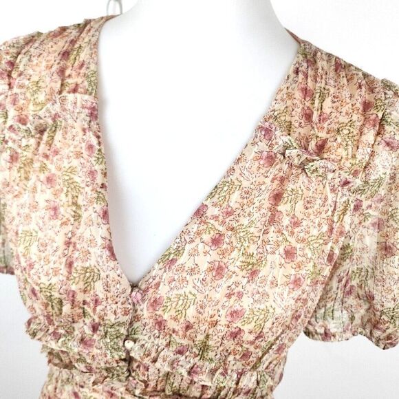 ASTR Label Love Story Floral Button Front V-Neck Short Puff Sleeve Midi Dress S - Picture 6 of 13